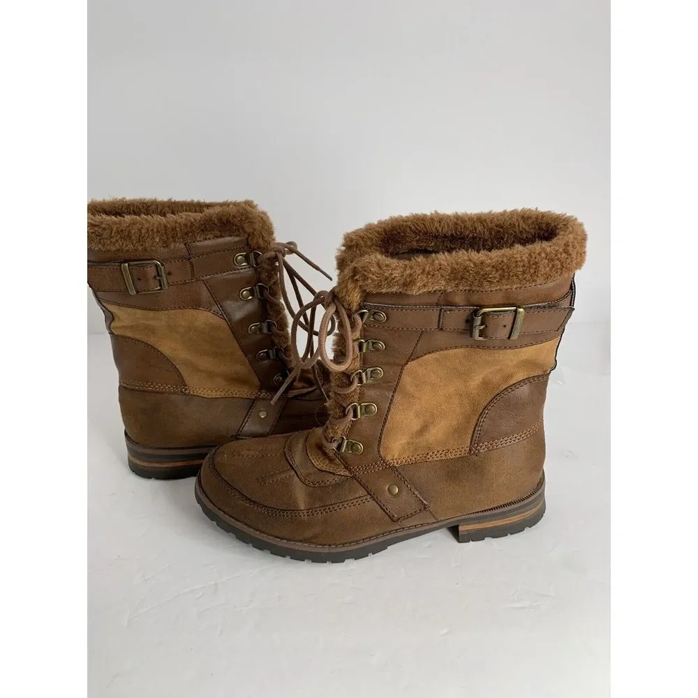 Rock & Candy New Danlea Brown Mid‎ Calf Winter Snow Faux Fur Lace Up Boots Sz 9